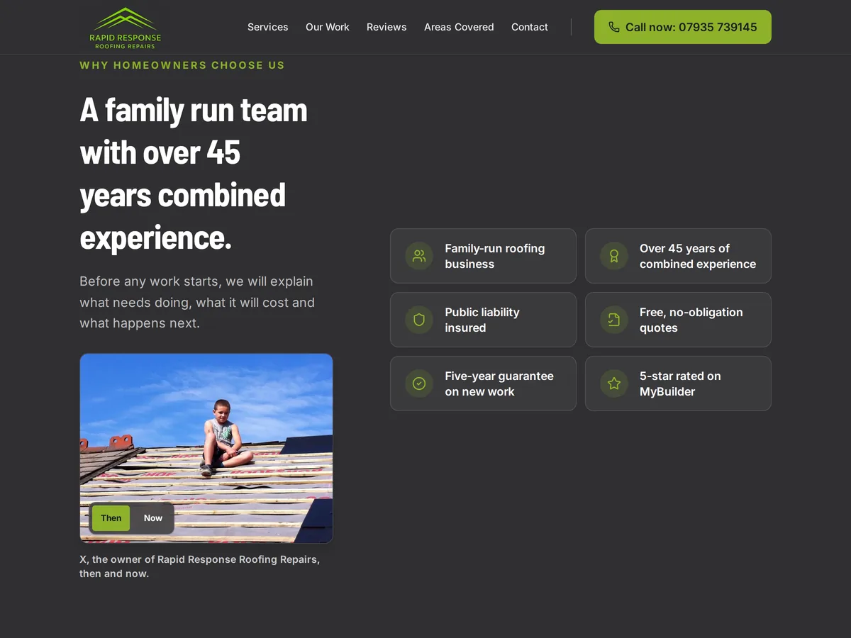 A section of the Rapid Response Roofing Repairs website showing the roofing services offered, the areas covered and the reassurances shown to customers.